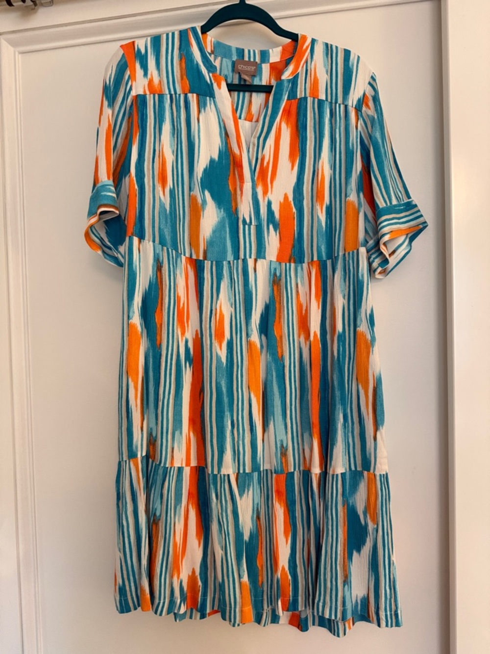 Chico’s Casual Teal & Orange Printed Tiered Babydoll Dress